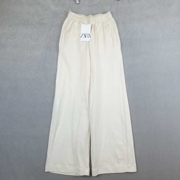 Zara Denim - NWT ZARA Pants Flare Pull On High Rise Wide Leg Girls 9/10 Ivory Elastic Waist